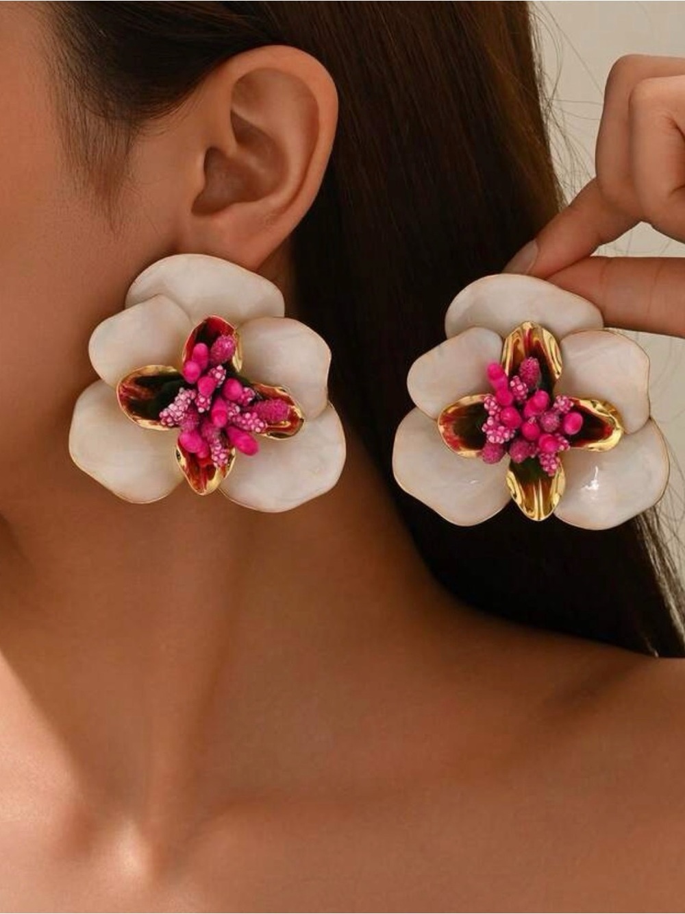 Fashion Jewelry White Flower Earrings with Pink Center and Gold Accents - Picture 3 of 3